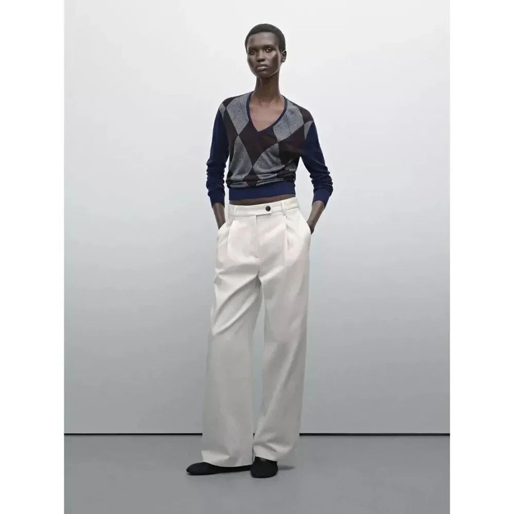 Massimo Dutti Womens Wide Leg Trousers EU 36 US 4 Off-White Pleated 5007/807 NWT